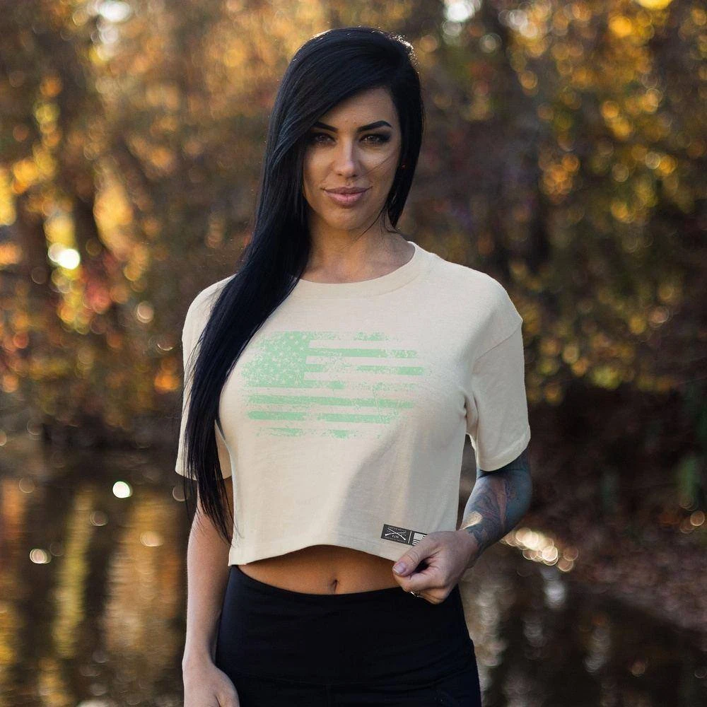 Women's Vintage American Flag Cropped T-Shirt - Natural - Image 2