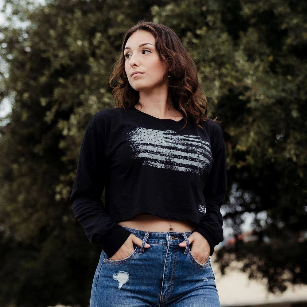 Women's Vintage American Long Sleeve Cropped T-Shirt - Black - Image 3