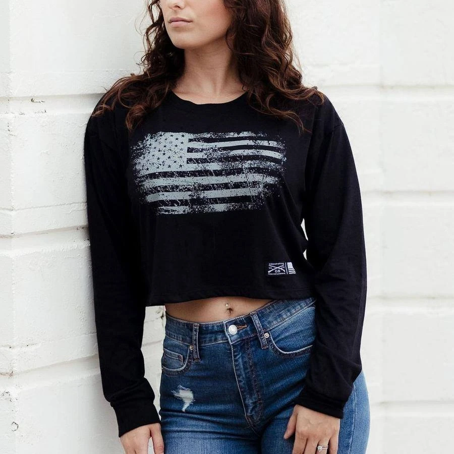 Women's Vintage American Long Sleeve Cropped T-Shirt - Black