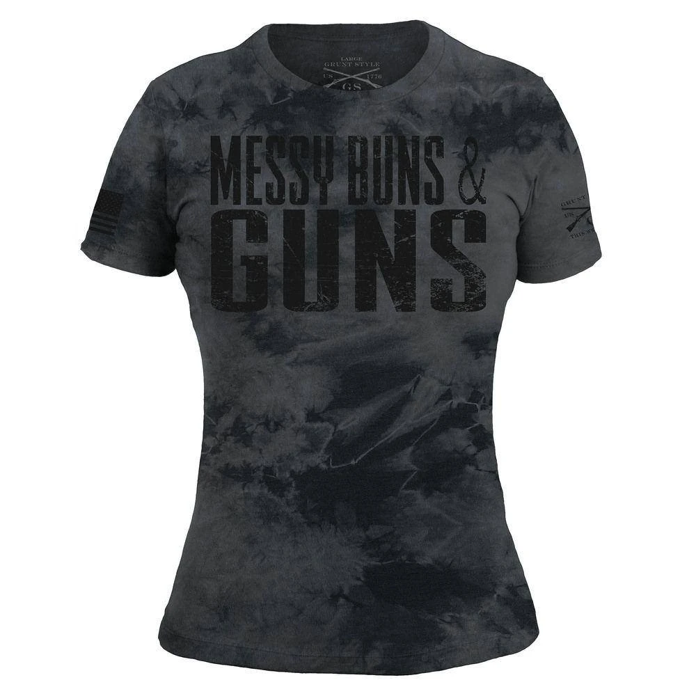 Women's Messy Buns & Guns T-Shirt - Black Wash - Image 4