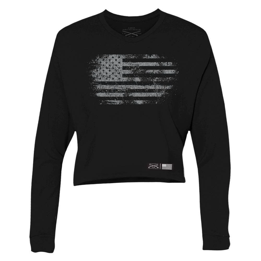 Women's Vintage American Long Sleeve Cropped T-Shirt - Black - Image 4