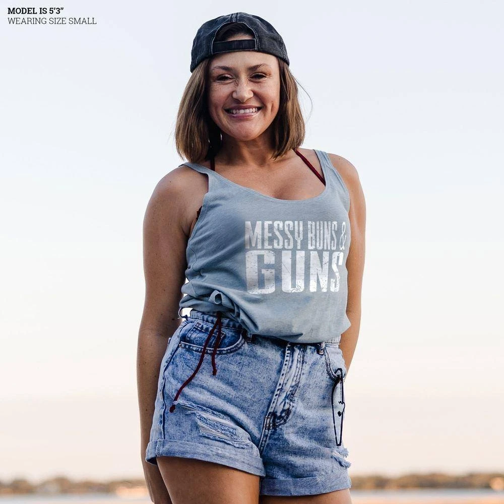 Women's Messy Buns & Guns Flowy Tank - Stonewash Denim - Image 2