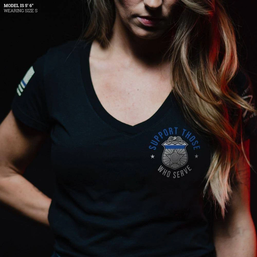 Women's Blue Line Support Those Who Serve V-Neck T-Shirt - Black - Image 3